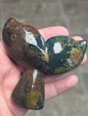 Ocean Jasper Whale Tail Carving 3.3” Green Orbicular Jasper Crystal Mermaid